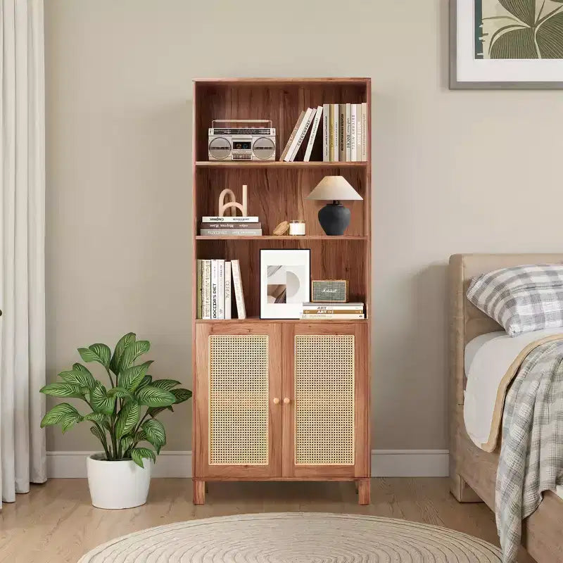 Libreria a 5 ripiani con ante in rattan - Scaffale alto per ufficio e camera da letto