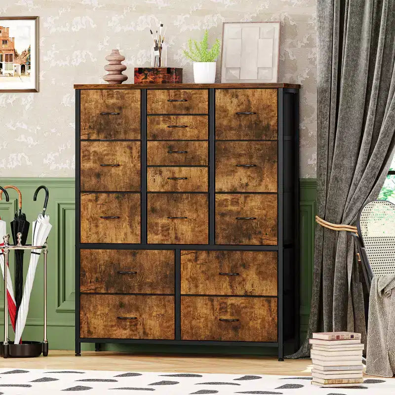 Cassettiera in Tessuto Alta 122 cm con 15 Cassetti, Struttura in Acciaio e Piano in Legno