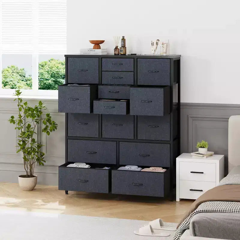 Cassettiera in Tessuto Alta 122 cm con 15 Cassetti, Struttura in Acciaio e Piano in Legno