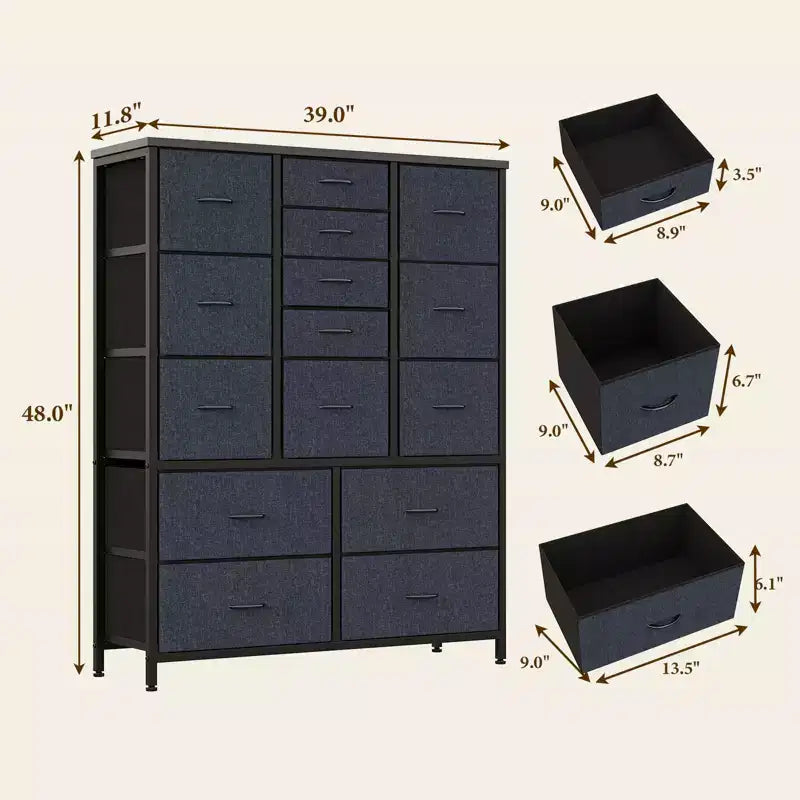 Cassettiera in Tessuto Alta 122 cm con 15 Cassetti, Struttura in Acciaio e Piano in Legno