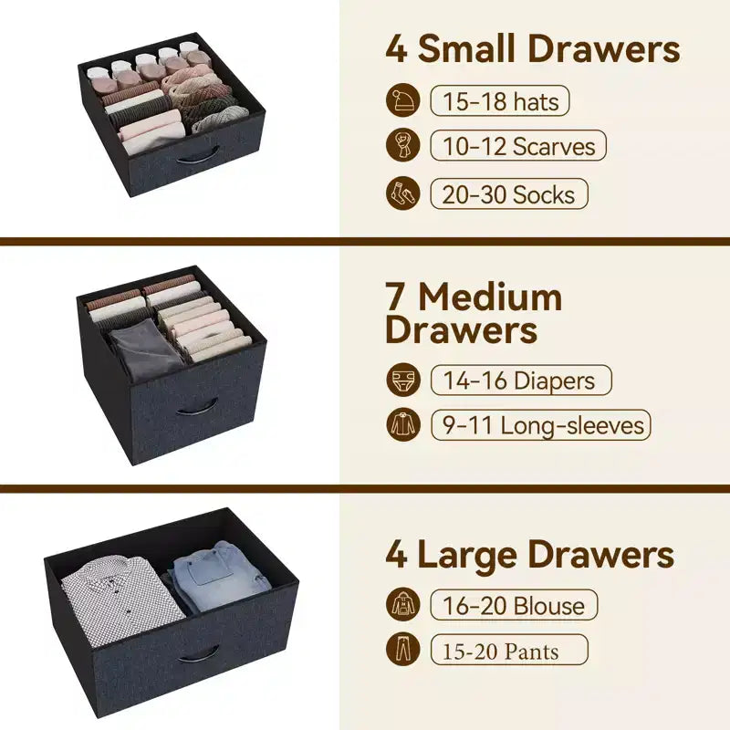 Cassettiera in Tessuto Alta 122 cm con 15 Cassetti, Struttura in Acciaio e Piano in Legno