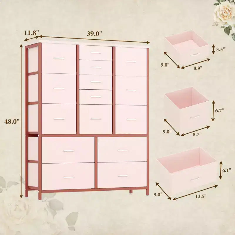 Cassettiera in Tessuto Alta 122 cm con 15 Cassetti, Struttura in Acciaio e Piano in Legno