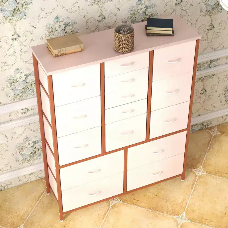 Cassettiera in Tessuto Alta 122 cm con 15 Cassetti, Struttura in Acciaio e Piano in Legno