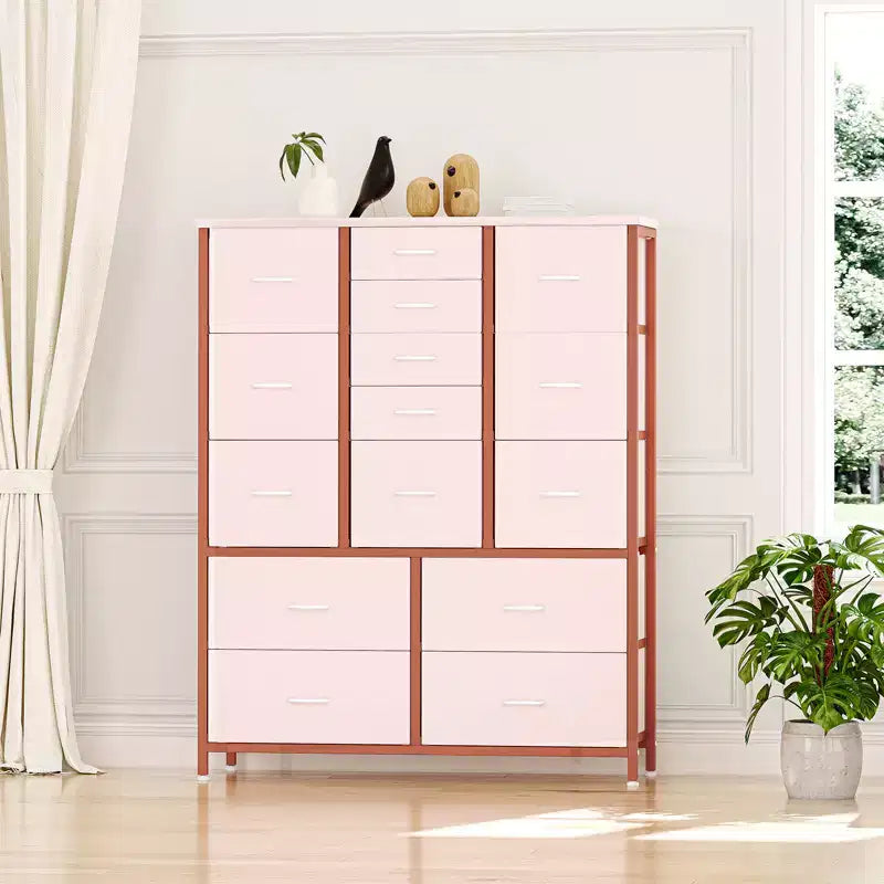 Cassettiera in Tessuto Alta 122 cm con 15 Cassetti, Struttura in Acciaio e Piano in Legno