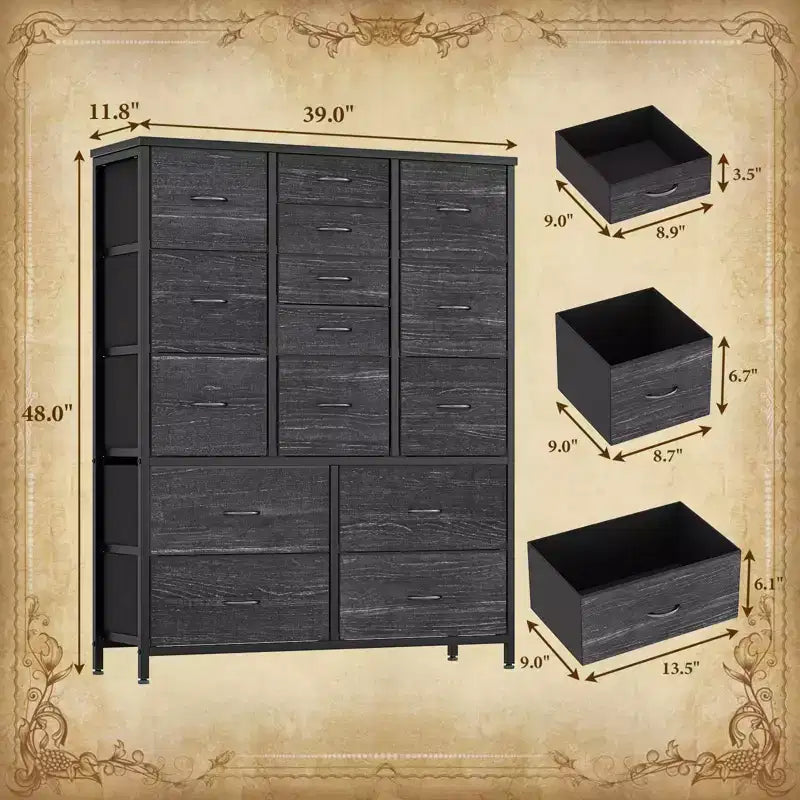 Cassettiera in Tessuto Alta 122 cm con 15 Cassetti, Struttura in Acciaio e Piano in Legno
