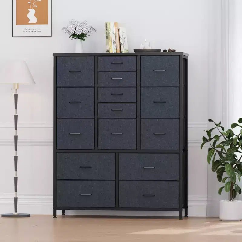 Cassettiera in Tessuto Alta 122 cm con 15 Cassetti, Struttura in Acciaio e Piano in Legno