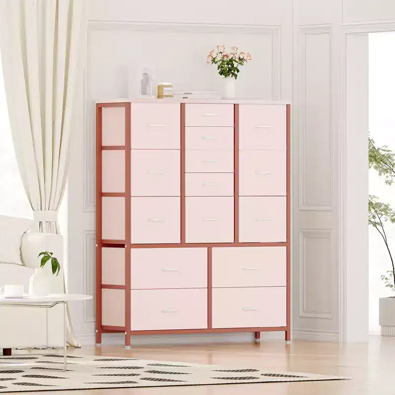 Cassettiera in Tessuto Alta 122 cm con 15 Cassetti, Struttura in Acciaio e Piano in Legno