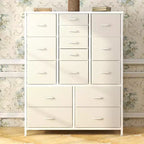 Cassettiera in Tessuto Alta 122 cm con 15 Cassetti, Struttura in Acciaio e Piano in Legno