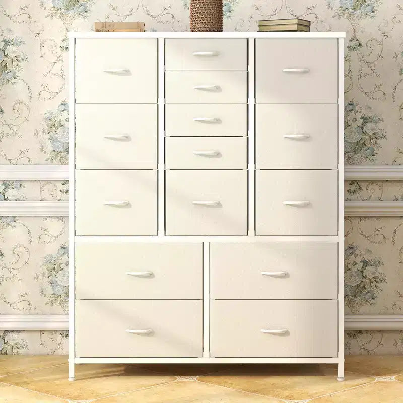 Cassettiera in Tessuto Alta 122 cm con 15 Cassetti, Struttura in Acciaio e Piano in Legno