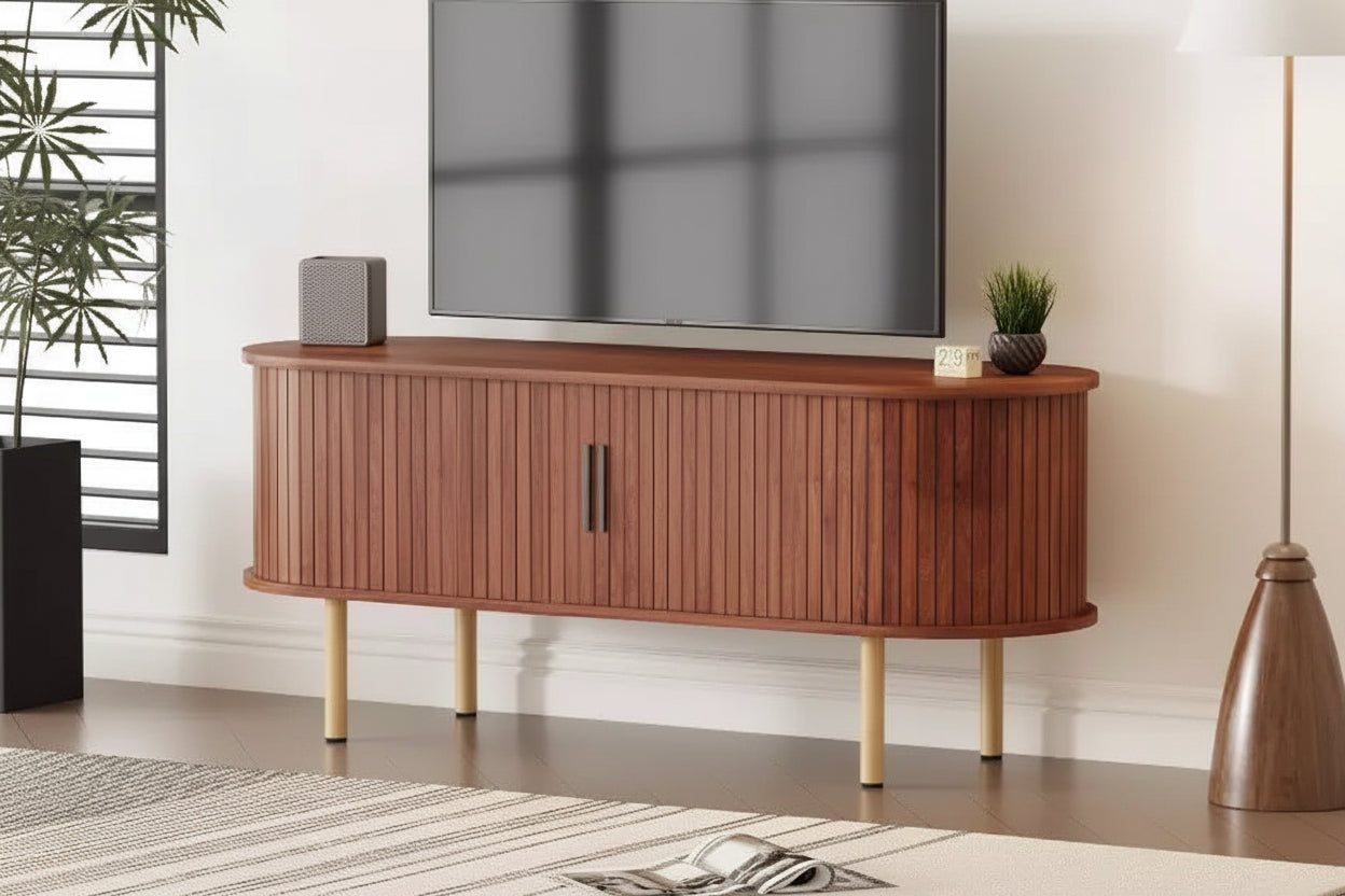 COZONY Modern TV Stand with Sliding Doors, Wood Media Console Entertainment Center with Adjustable Shelves for Living Room Storage