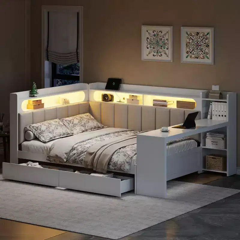 Daybed matrimoniale con cassetti portaoggetti, ripiani, luce LED, stazione di ricarica, scrivania e testiera imbottita
