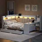 Daybed matrimoniale con cassetti portaoggetti, ripiani, luce LED, stazione di ricarica, scrivania e testiera imbottita