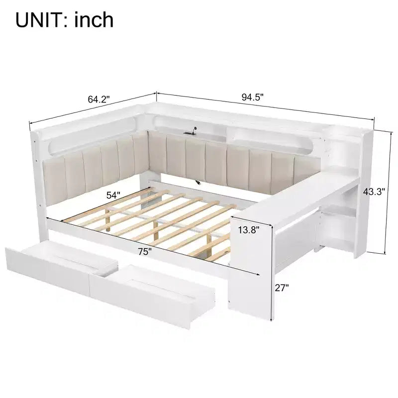 Daybed matrimoniale con cassetti portaoggetti, ripiani, luce LED, stazione di ricarica, scrivania e testiera imbottita