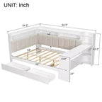 Daybed matrimoniale con cassetti portaoggetti, ripiani, luce LED, stazione di ricarica, scrivania e testiera imbottita
