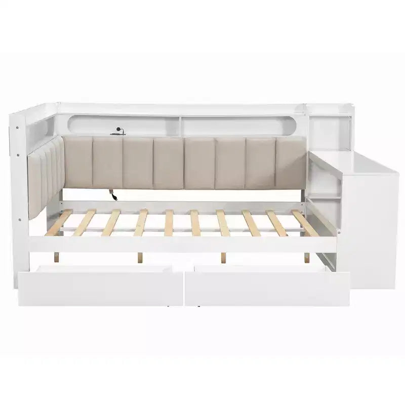 Daybed matrimoniale con cassetti portaoggetti, ripiani, luce LED, stazione di ricarica, scrivania e testiera imbottita