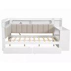 Daybed matrimoniale con cassetti portaoggetti, ripiani, luce LED, stazione di ricarica, scrivania e testiera imbottita