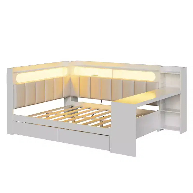 Daybed matrimoniale con cassetti portaoggetti, ripiani, luce LED, stazione di ricarica, scrivania e testiera imbottita