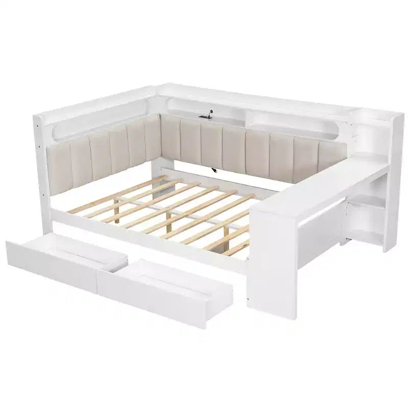 Daybed matrimoniale con cassetti portaoggetti, ripiani, luce LED, stazione di ricarica, scrivania e testiera imbottita