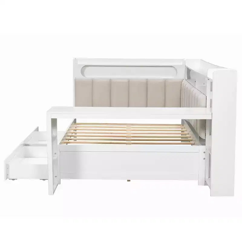 Daybed matrimoniale con cassetti portaoggetti, ripiani, luce LED, stazione di ricarica, scrivania e testiera imbottita