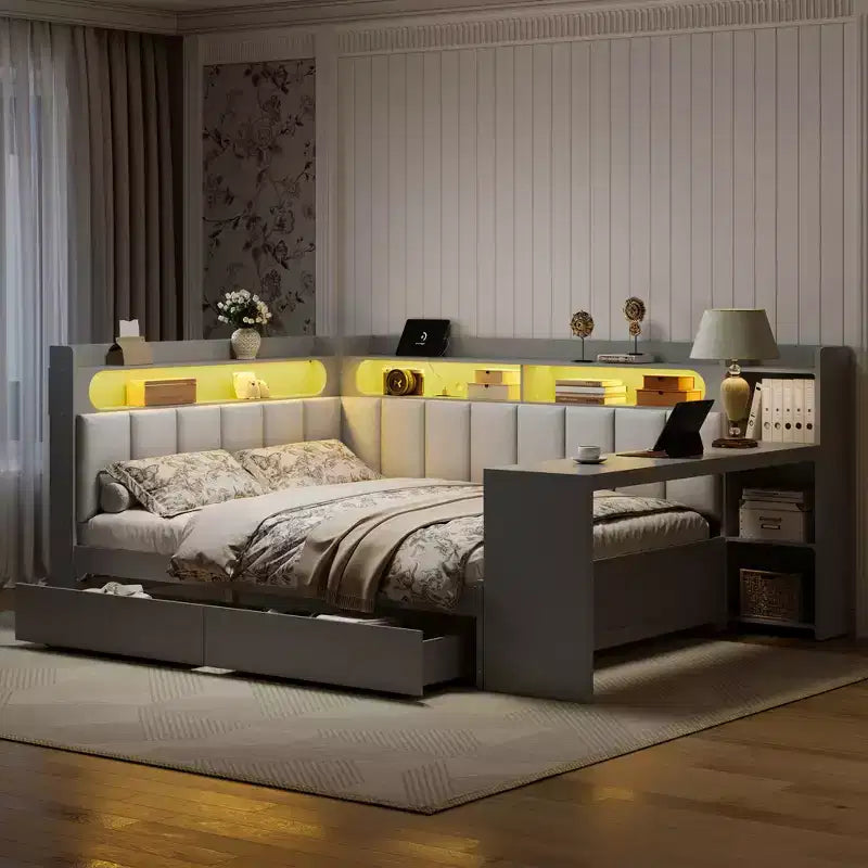 Daybed matrimoniale con cassetti portaoggetti, ripiani, luce LED, stazione di ricarica, scrivania e testiera imbottita