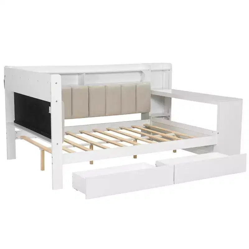Daybed matrimoniale con cassetti portaoggetti, ripiani, luce LED, stazione di ricarica, scrivania e testiera imbottita