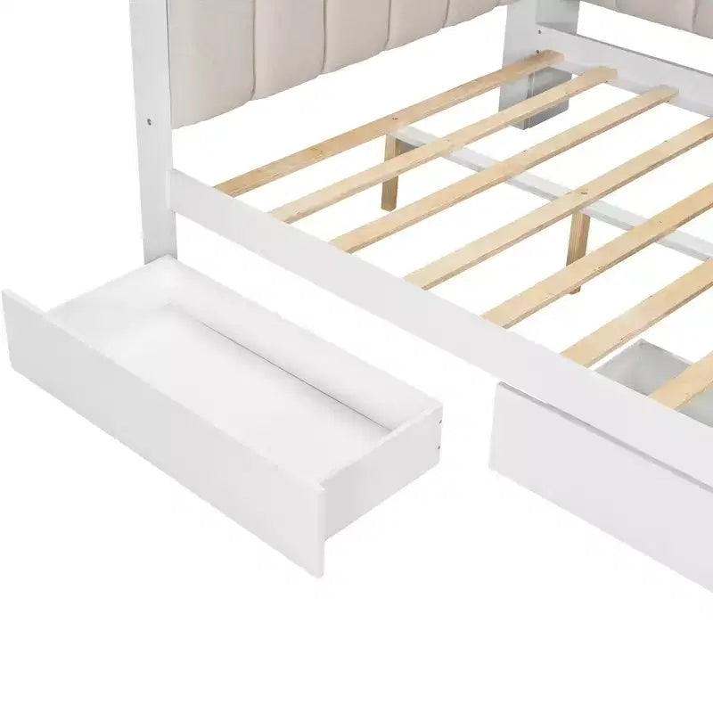 Daybed matrimoniale con cassetti portaoggetti, ripiani, luce LED, stazione di ricarica, scrivania e testiera imbottita