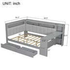 Daybed matrimoniale con cassetti portaoggetti, ripiani, luce LED, stazione di ricarica, scrivania e testiera imbottita