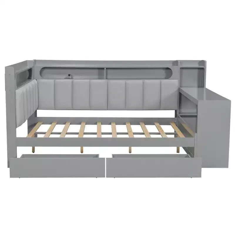 Daybed matrimoniale con cassetti portaoggetti, ripiani, luce LED, stazione di ricarica, scrivania e testiera imbottita