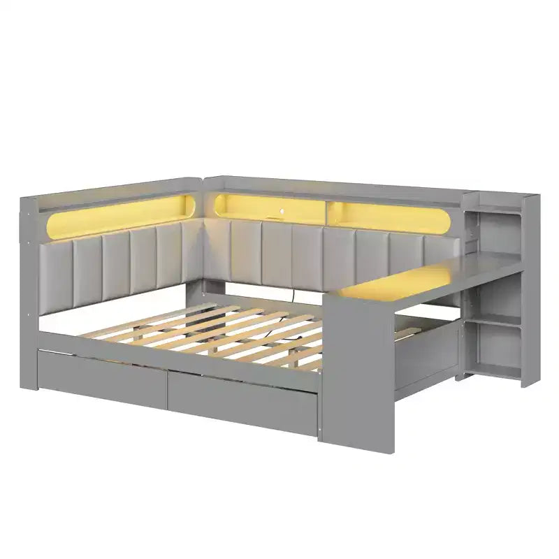 Daybed matrimoniale con cassetti portaoggetti, ripiani, luce LED, stazione di ricarica, scrivania e testiera imbottita