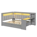Daybed matrimoniale con cassetti portaoggetti, ripiani, luce LED, stazione di ricarica, scrivania e testiera imbottita