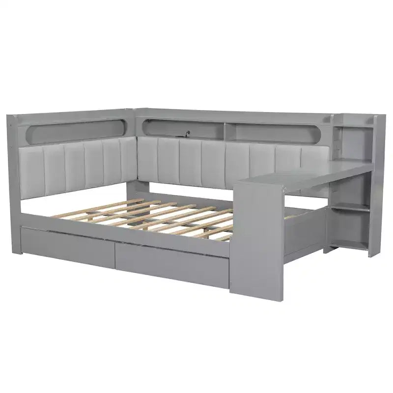 Daybed matrimoniale con cassetti portaoggetti, ripiani, luce LED, stazione di ricarica, scrivania e testiera imbottita