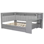 Daybed matrimoniale con cassetti portaoggetti, ripiani, luce LED, stazione di ricarica, scrivania e testiera imbottita