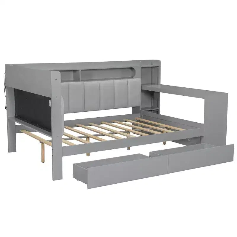 Daybed matrimoniale con cassetti portaoggetti, ripiani, luce LED, stazione di ricarica, scrivania e testiera imbottita