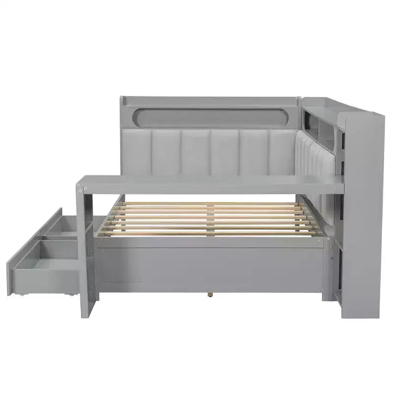Daybed matrimoniale con cassetti portaoggetti, ripiani, luce LED, stazione di ricarica, scrivania e testiera imbottita
