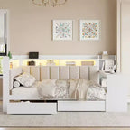 Daybed matrimoniale con cassetti portaoggetti, ripiani, luce LED, stazione di ricarica, scrivania e testiera imbottita