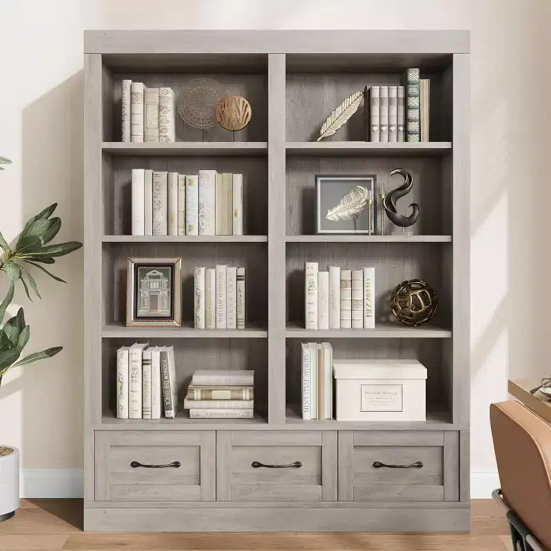 Libreria in legno alta 64 pollici con 3 cassetti e 4 ripiani aperti