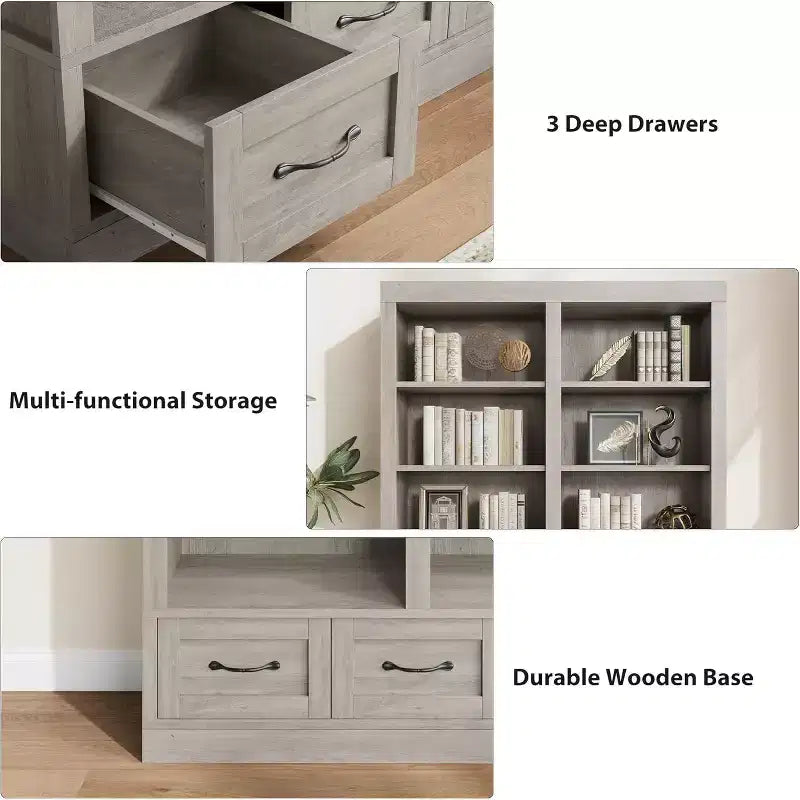 Libreria in legno alta 64 pollici con 3 cassetti e 4 ripiani aperti