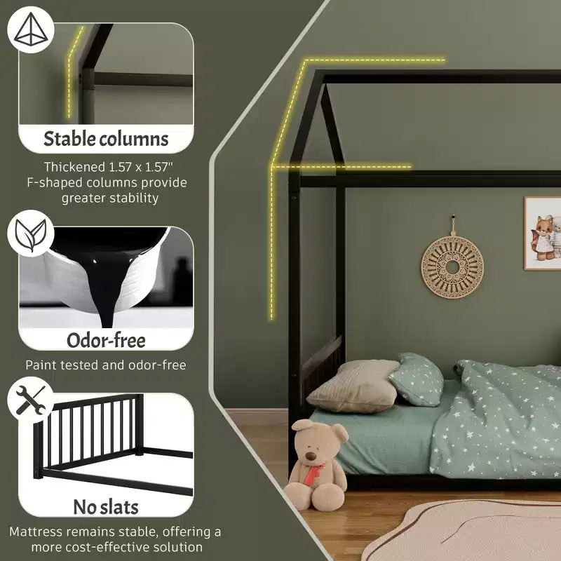 GDFStudio Joseph, Struttura Letto Singolo in Metallo con Forma a Casetta e Sponde di Protezione