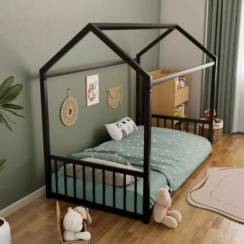 GDFStudio Joseph, Struttura Letto Singolo in Metallo con Forma a Casetta e Sponde di Protezione
