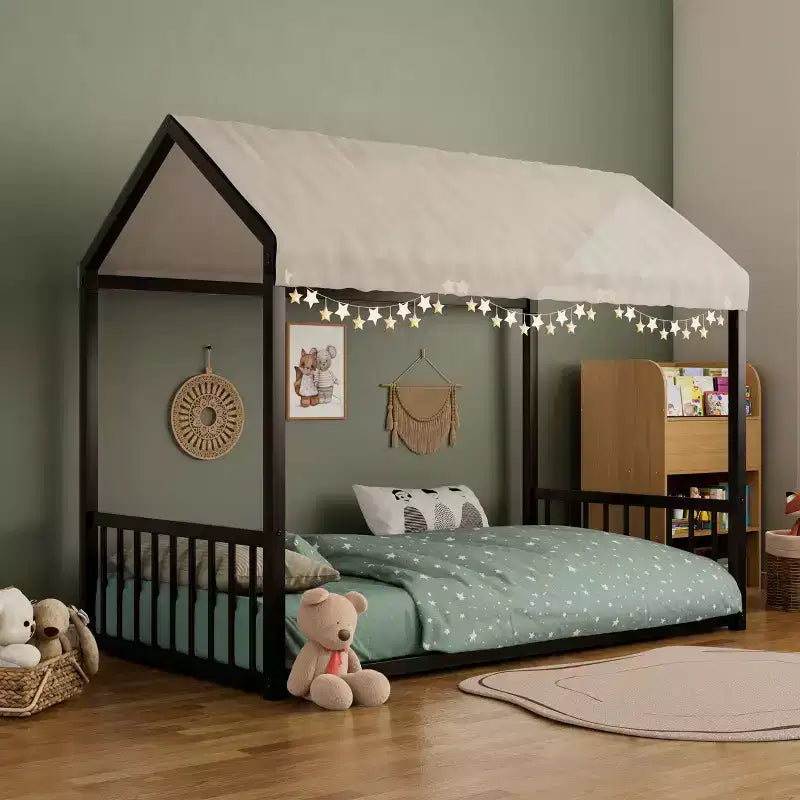GDFStudio Joseph Twin Size Metal Floor Bed Frame with House Shape and Guardrails