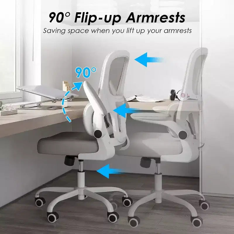 Sedia da ufficio ergonomica in rete con supporto lombare, braccioli ribaltabili e ruote