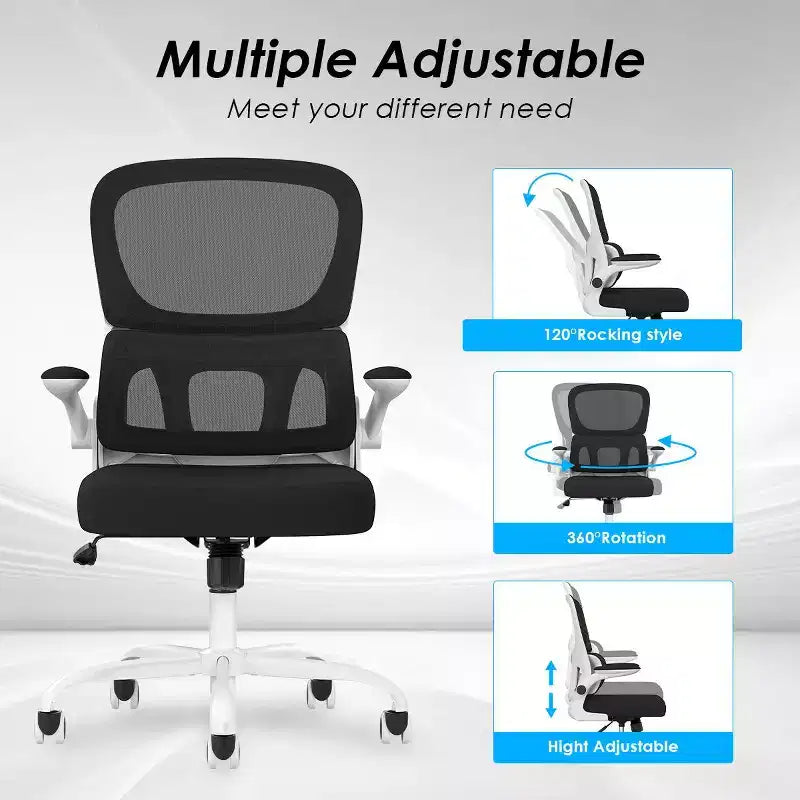 Sedia da ufficio ergonomica in rete con supporto lombare, braccioli ribaltabili e ruote