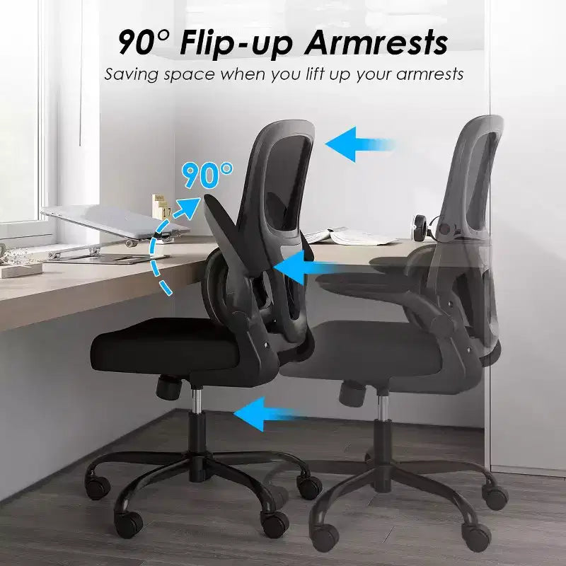 Sedia da ufficio ergonomica in rete con supporto lombare, braccioli ribaltabili e ruote