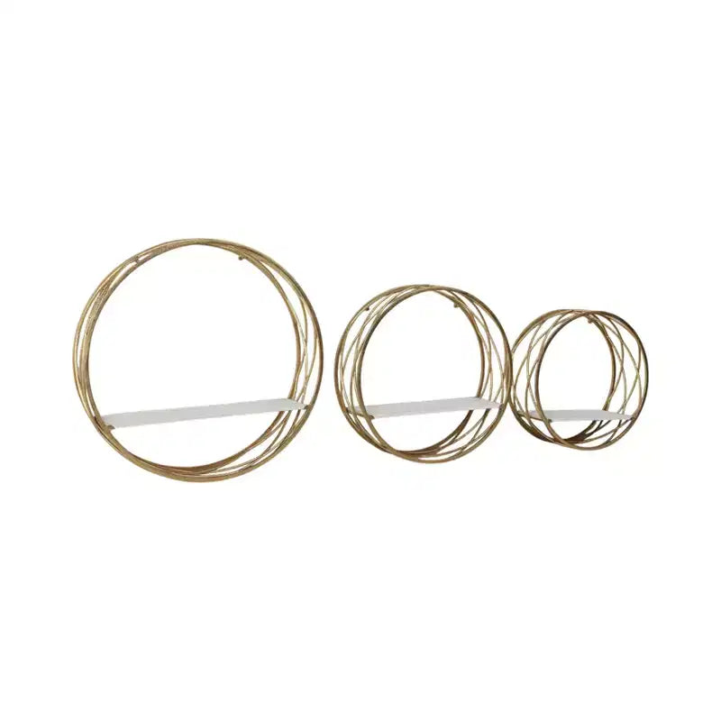 Mensole rotonde galleggianti con struttura in metallo e superficie in legno, set da 3, bianche