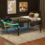 Bellemave Full Size Metal Loft Bed with Desk and LED Lights, Gaming Loft Bed Frame with Storage, Black