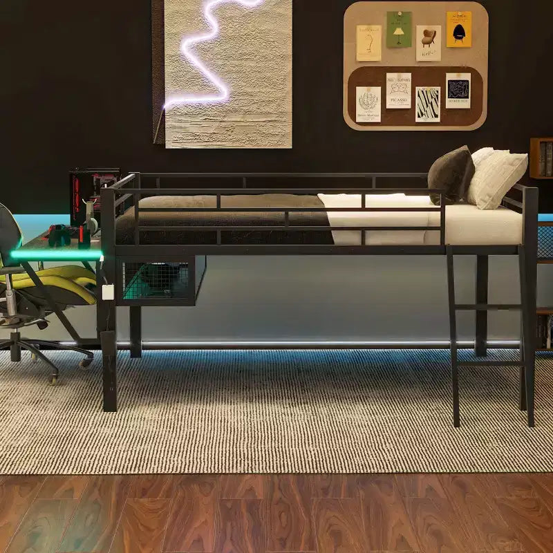 Letto a soppalco da gaming in metallo a grandezza naturale con scrivania e luci a LED, nero