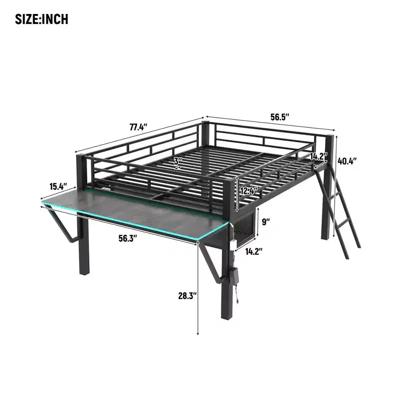 Letto a soppalco da gaming in metallo a grandezza naturale con scrivania e luci a LED, nero