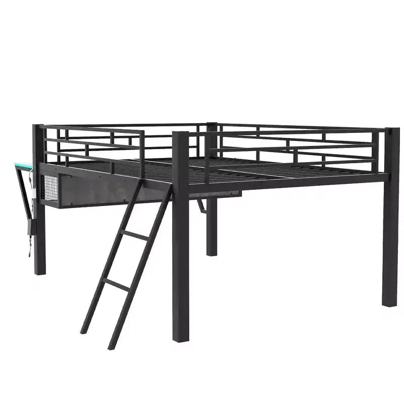 Letto a soppalco da gaming in metallo a grandezza naturale con scrivania e luci a LED, nero