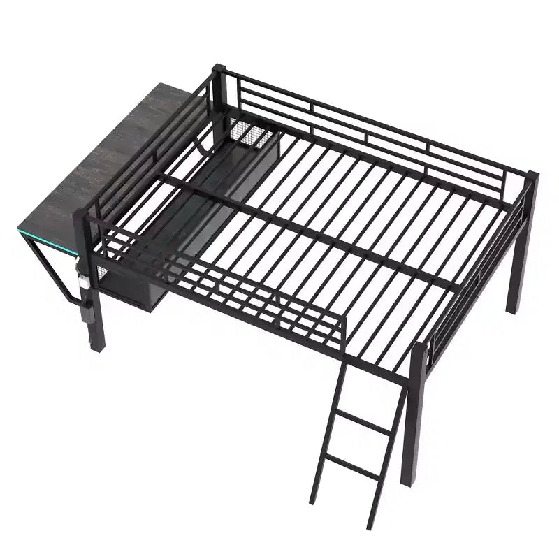Letto a soppalco da gaming in metallo a grandezza naturale con scrivania e luci a LED, nero