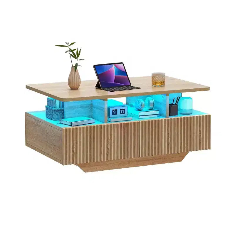Tavolino rettangolare in legno con luci a LED e 4 cassetti